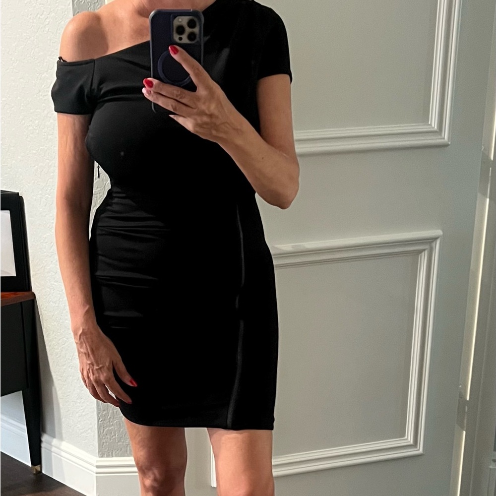 Bebe Black One Shoulder Bodycon Dress